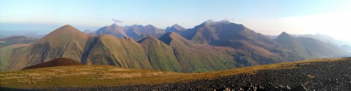 Panorama of some of the northern Snowdonia hills taken from Mynydd Mawr
