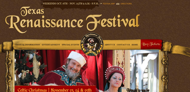 EmailPrintLe Texas Renaissance Festival de 2012 aura lieu les samedis, dimanches et également à l&rsquo;occasion de Thanksgiving… justement ce week-end du 24/25 Novembre. Pour plus d&rsquo;information visitez le site officiel TexRenFest.com.
Le Texas Renaissance Festival (TRF) est le plus grand et un des plus célèbres Festival Renaissance des USA. Au programme un gigantesque parc à thème [...]